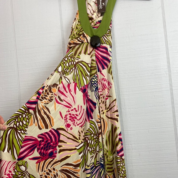 NWT Prairie New York Green Halter Top Sleeveless Dress Multicolor Fish Pattern - Picture 3 of 6